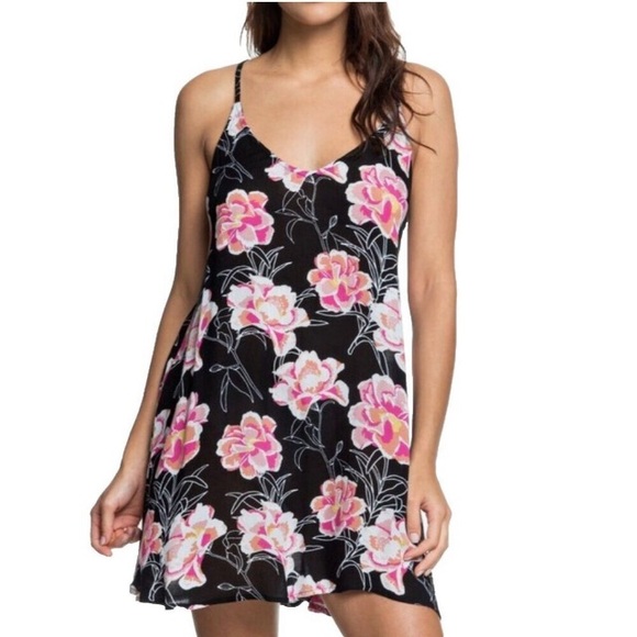 Roxy Dresses & Skirts - ROXY “Be in Love” Strappy Mini Dress/Cover Up Black & Pink Floral sz L